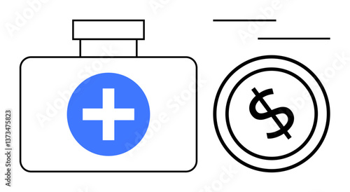 First aid kit with medical cross symbol and a dollar coin. Ideal for healthcare affordability, medical insurance, financial aid, cost analysis, budgeting, health savings, flat simple metaphor