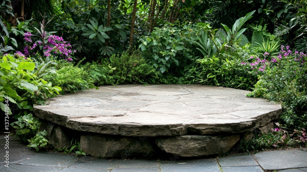 Serene Stone Patio in Lush Tropical Garden Serene Stone Patio in Lush Tropical Garden