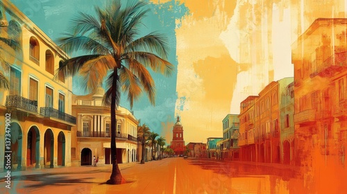 Artistic rendering depicts a vibrant tropical street scene