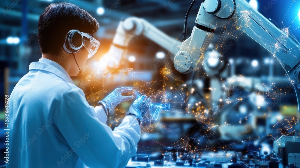 Cyber physical systems researcher developing smart manufacturing solutions, high-tech factory floor with sensors, robots Cyber physical systems researcher developing smart manufacturing solutions, high-tech factory floor with sensors, robots