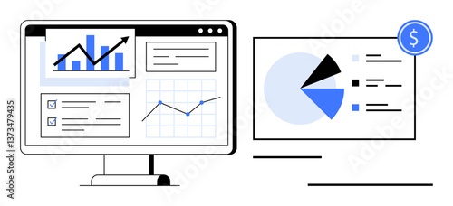 Computer screens displaying bar chart, line graph, pie chart, checklists, and financial insights. Ideal for analytics, finance, business strategy, reporting performance tracking decision-making