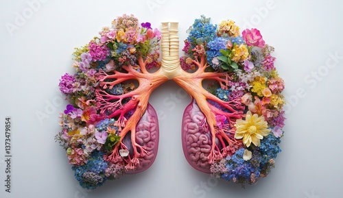 Creative illustration of lungs depicted with vibrant flowers and branches on a white background.