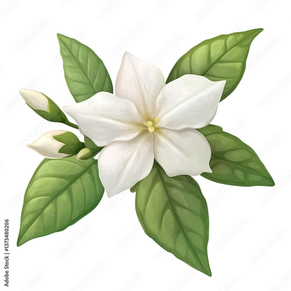 Obraz premium white jasmine flower with green leaves isolated on transparent background a