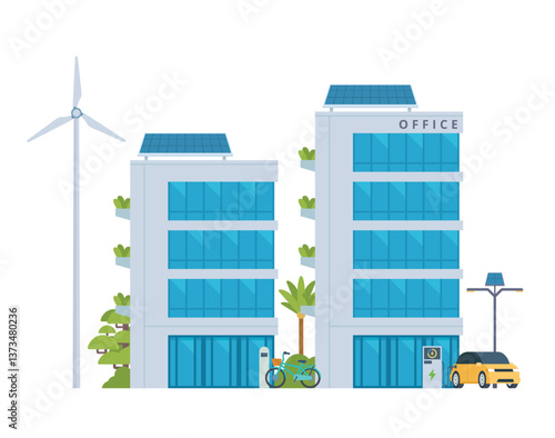 Green Sustainable Office Building with Solar Panels and Wind Turbines, Eco-Friendly Concept City Element. Vector illustration