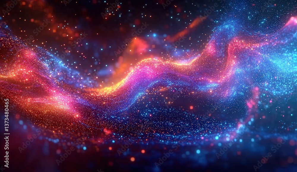 Obraz premium Vibrant cosmic wave of colorful particles glowing in space, forming a stunning celestial display of light and color.