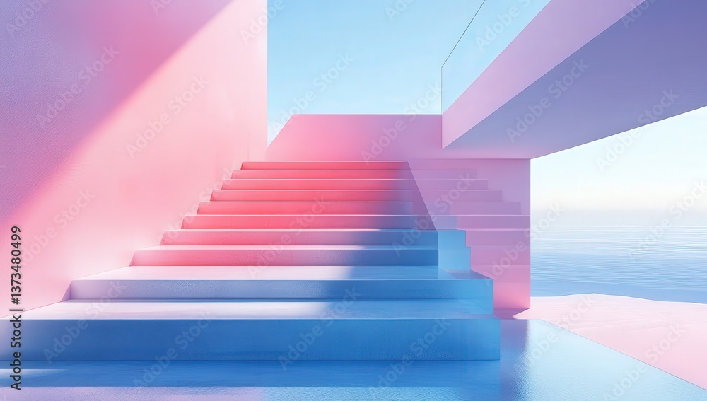 Obraz premium Pastel architectural stairs with ocean view create serene, modern ambiance in soft pink and blue hues.