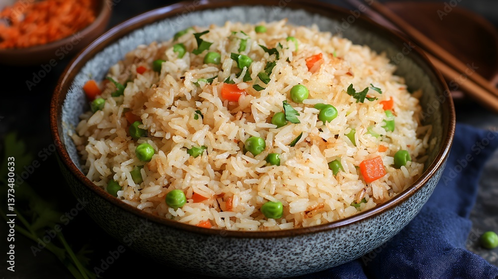 A delicious bowl of fluffy vegetable fried rice is served in a rustic bowl garnished with fresh parsley. A delicious bowl of fluffy vegetable fried rice is served in a rustic bowl garnished with fresh parsley.