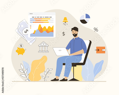 Virtual finance. Online banking and accounting analyzing. Online paying, financial transactions, accounting research. Flat vector illustration.