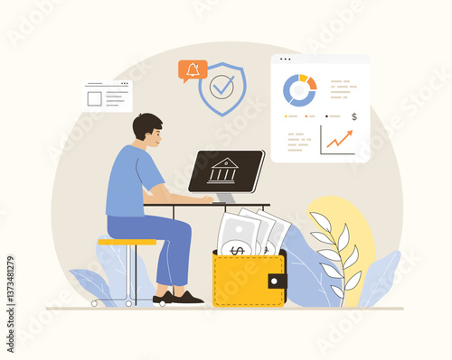 Virtual finance. Online banking and accounting. Online paying, financial transactions, accounting research. Flat vector illustration.