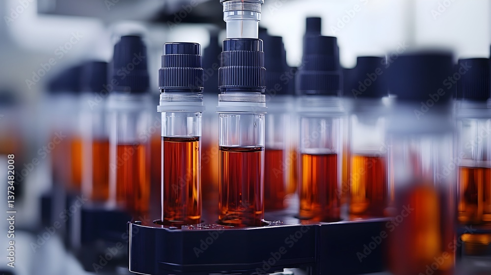A close-up shows rows of amber liquid samples in test tubes on a automated laboratory machine du a scientific experiment. A close-up shows rows of amber liquid samples in test tubes on a automated laboratory machine du a scientific experiment.