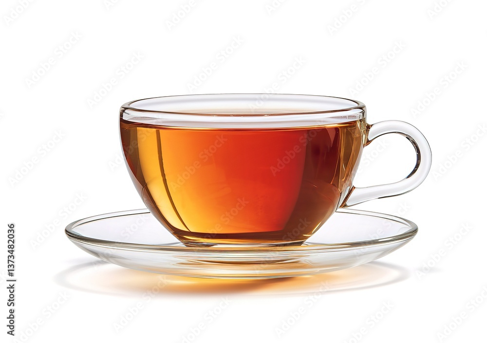 Transparent cup of tea isolated on white background