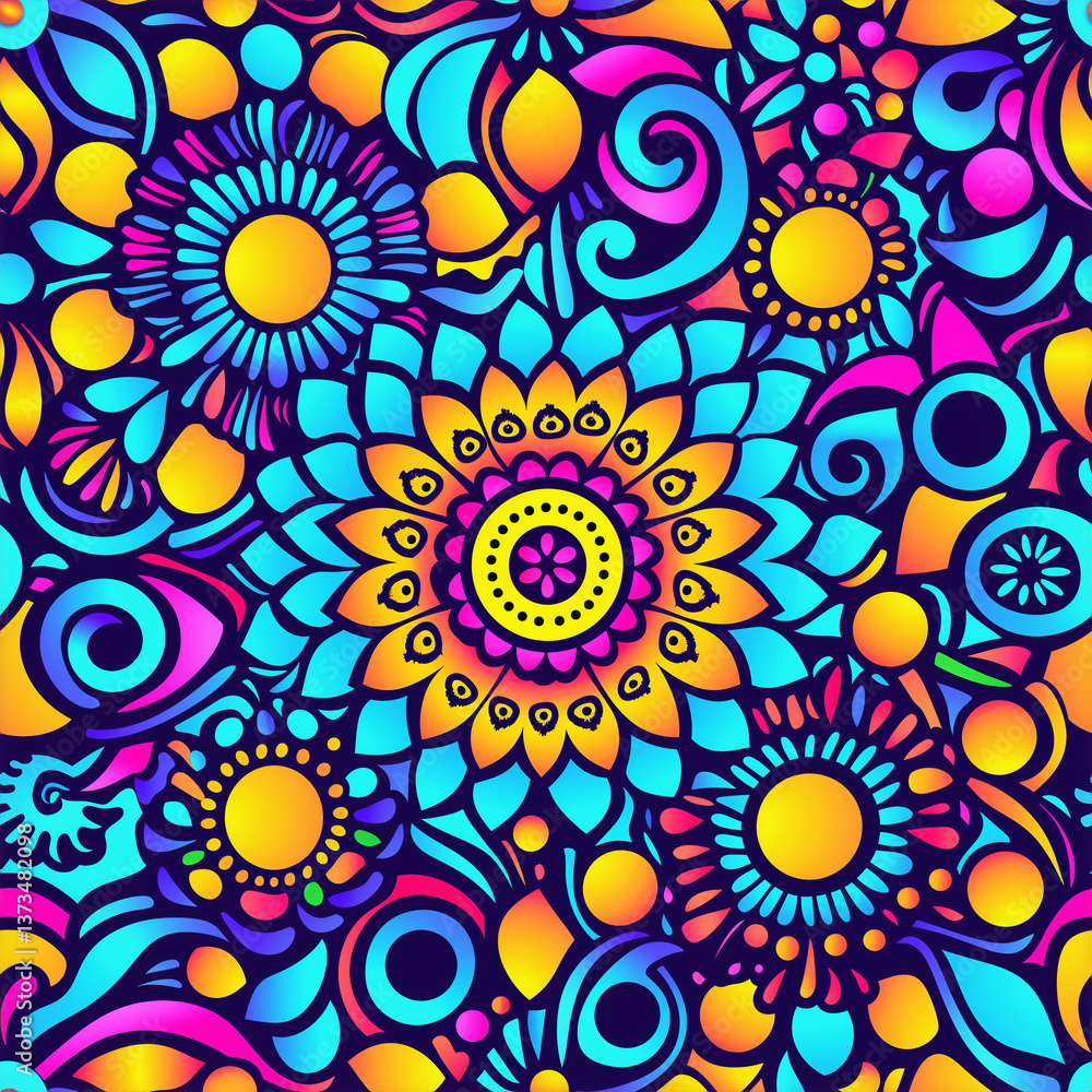 Psychedelic Neon Mandala Seamless Pattern – Colorful Glow Design on Dark Background Psychedelic Neon Mandala Seamless Pattern – Colorful Glow Design on Dark Background