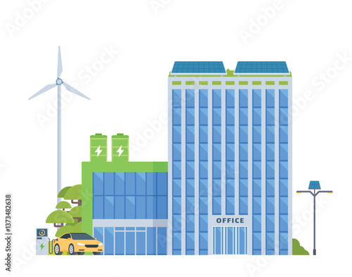 Green Sustainable Office Building with Solar Panels and Wind Turbines, Eco-Friendly Concept City Element. Vector illustration