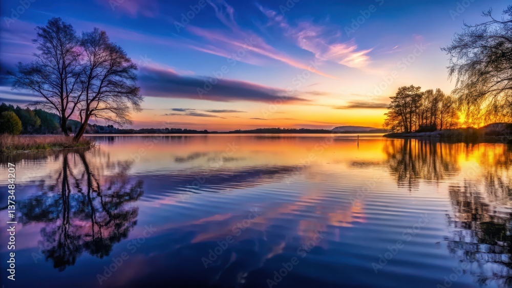 Serene Sunset Over Still Water with Silhouette of Trees and Their Reflections Serene Sunset Over Still Water with Silhouette of Trees and Their Reflections