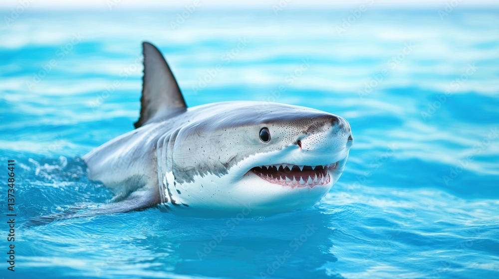 Fototapeta premium Shark Great white shark swimming near the surface with its dorsal fin cutting through the water.