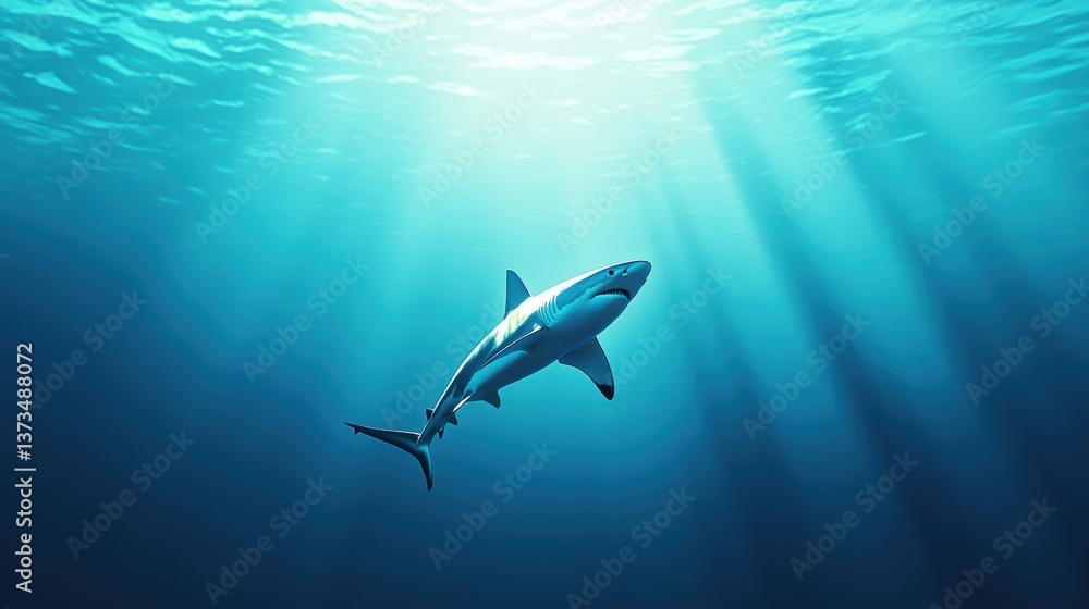 Fototapeta premium Carnivore Shark swimming gracefully through the deep ocean in search of food.