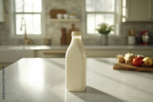 Fresh Milk Bottle on Kitchen Counter with Natural Sunlight and Shadows