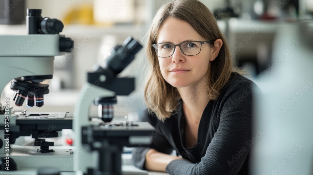 Obraz premium Nano engineer developing self healing materials for construction, high-tech laboratory with microscopes and nano-material samples, Industrial style