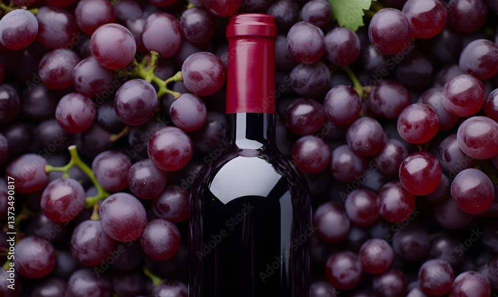 Obraz premium A bottle of red wine lies flat among jewel-like vines.,Generative AI