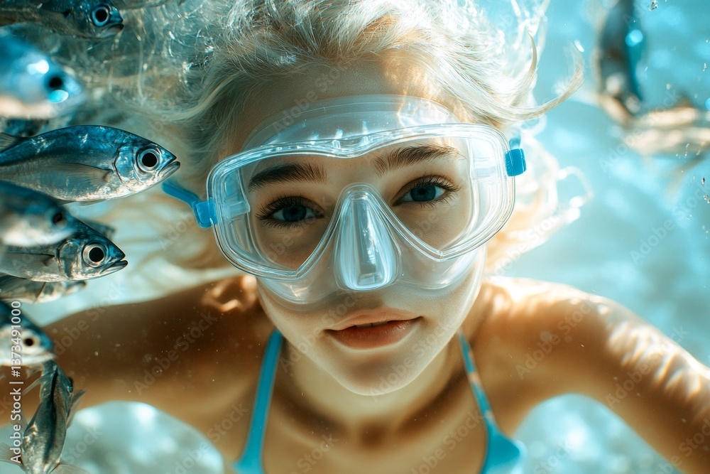 Naklejka premium A lovely and sexy happy caucasian young woman with blond hair in a swimming mask and fins snorkeling among the corals. A dense school of silver fish swims next to her. Woman snorkeling with fis.