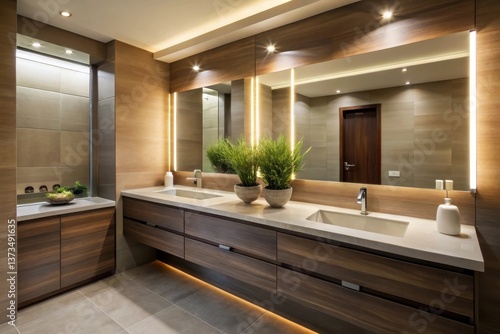 Luxurious Modern Bathroom Vanity with Integrated Lighting and Double Sinks Featuring Sleek Minimalist Design and Neutral Color Palette