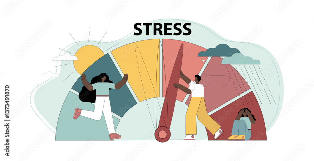 Obraz premium Stress concept. Emotional overload. Stress levels are reduced through the concept of problem solving and the pressure of tiny people.eps