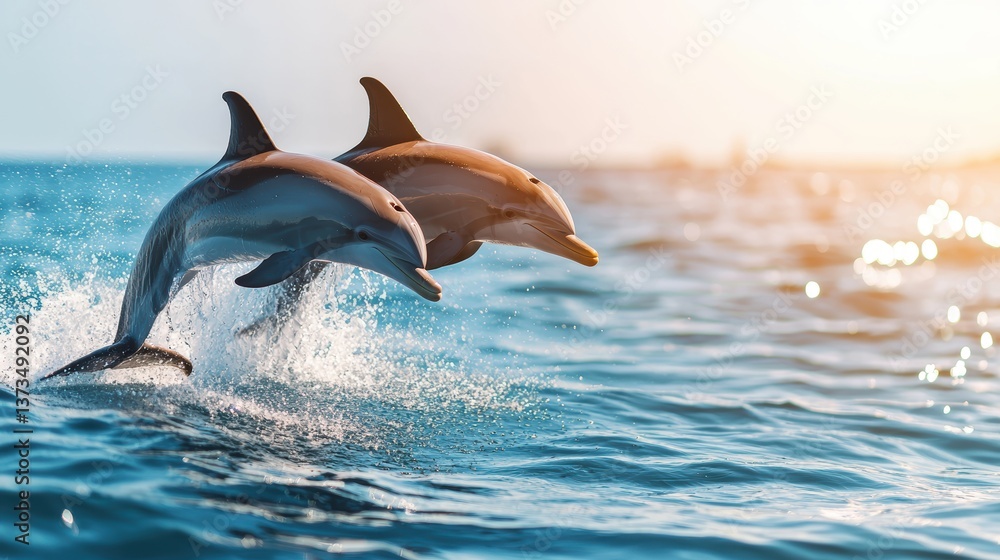 Obraz premium Dolphin Dolphins playfully racing alongside a boat, creating ripples in the sea.