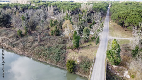 Obraz na płótnie Aerial view of San Rossore Natural Park in Pisa, Italy, with lush greenery and coastline w salonie