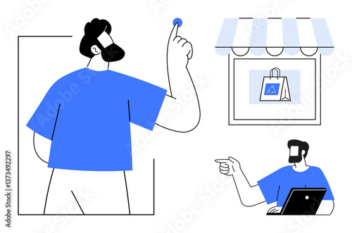 Man using laptop pointing, another pointing at store icon representing online shopping, large character pressing blue button. Ideal for e-commerce, digital marketing, online interaction, technology