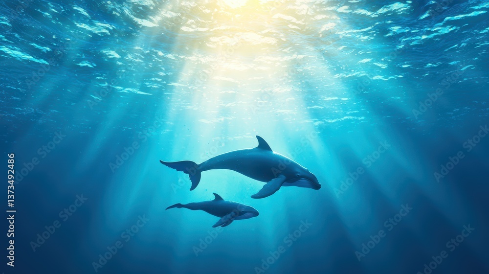 Obraz premium Whale A mother whale and her calf swimming side by side in the ocean.
