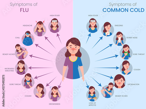 Flu vs Common Cold Symptoms Comparison Illustrated