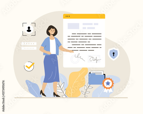 Online agreement, digital signature. Woman make business deal and sign virtual documents. Collaboration and cooperation.Flat vector illustration.