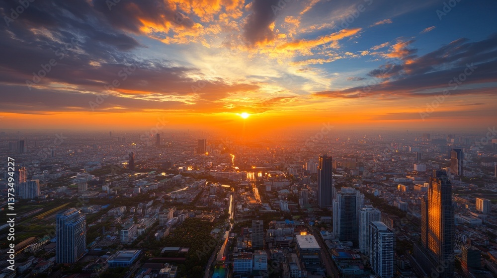 Fototapeta premium Sunset over urban landscape city skyline aerial view serene atmosphere nature's beauty peaceful ending of the day