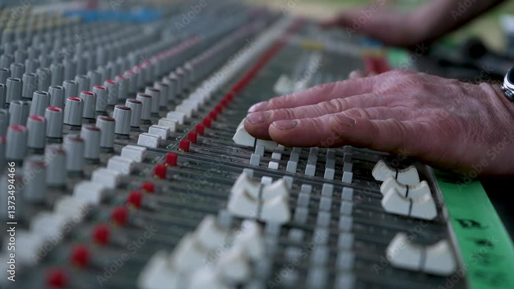 DJ hand close up on DJ mixer sound board