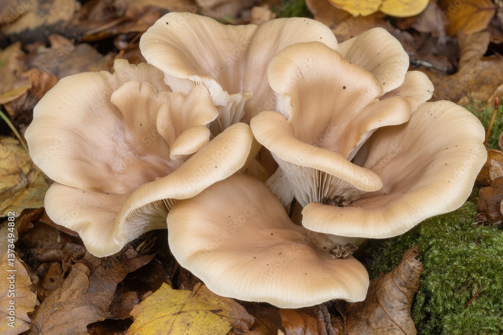 Fototapeta premium Delicate beige mushrooms growing among autumn leaves and moss