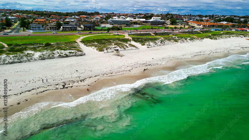 Aerial view of Sorrento coastline, port, and town in Western Australia