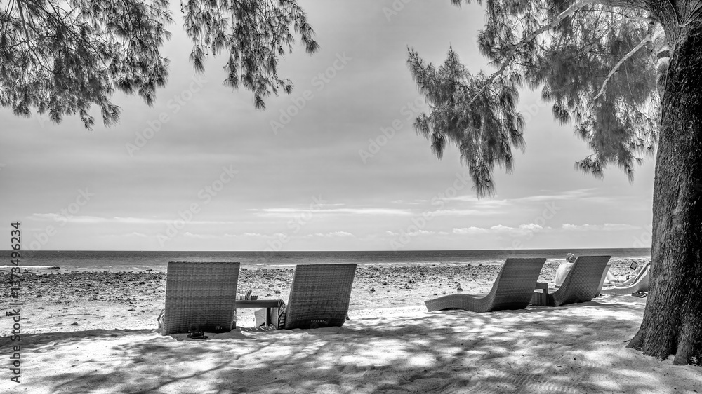 Tropical paradise with a straw lounge chair on the golden beach