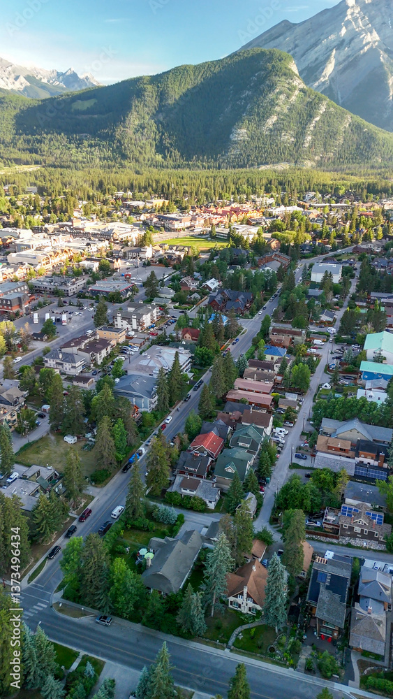 Breathtaking aerial view of Banff town nestled in a scenic mountain valley