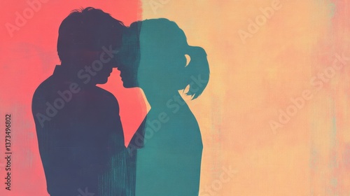 Silhouetted couple stands together heads nearly touching against colorful backdrop