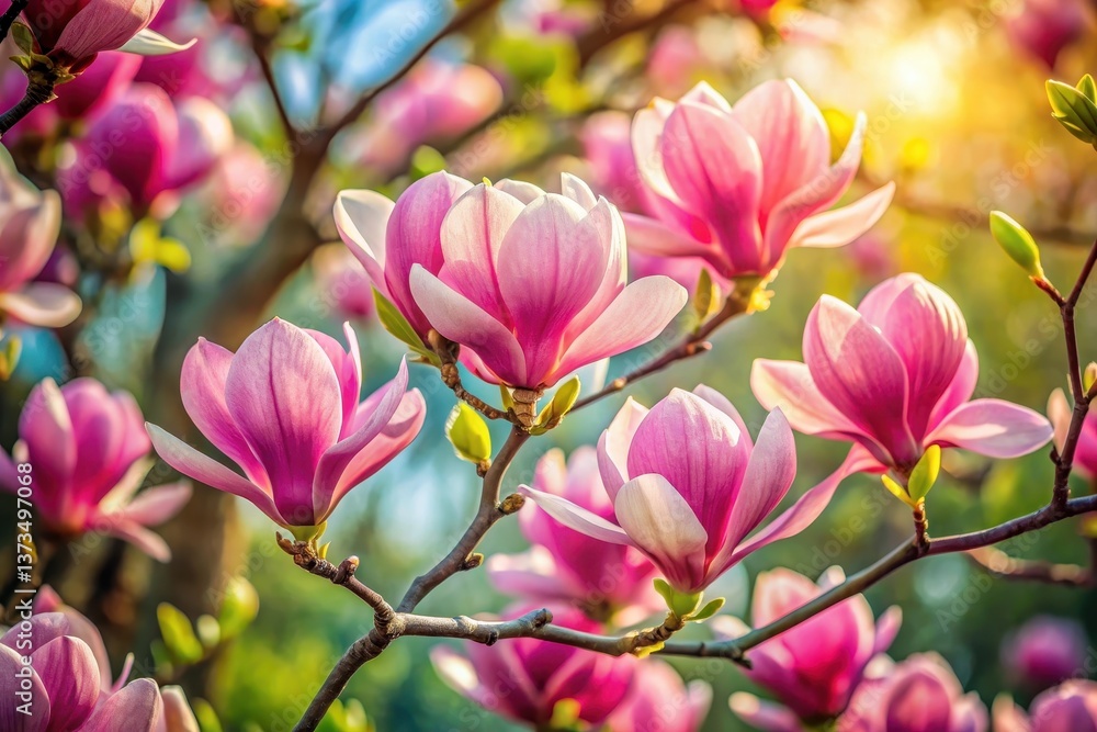 Obraz premium Radiant Pink Magnolia Blossoms Illuminated by Warm Sunlight on a Spring Day