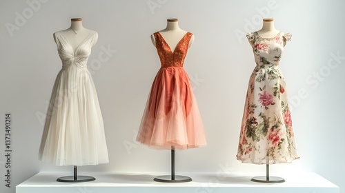 Elegant dresses displayed on mannequin stand for fashion boutique window display