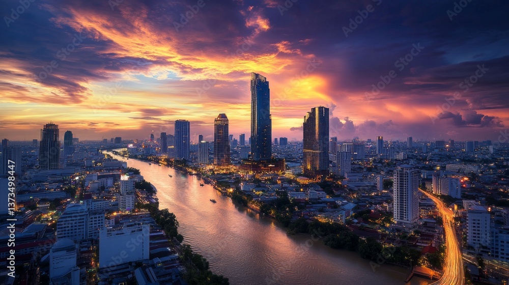 Fototapeta premium Stunning sunset over bangkok's riverside urban landscape twilight view vibrant city life scenic photography