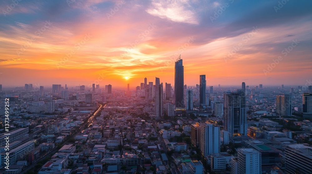 Obraz premium Sunset over urban skyline bangkok city aerial view cityscape vibrant colors modern architecture