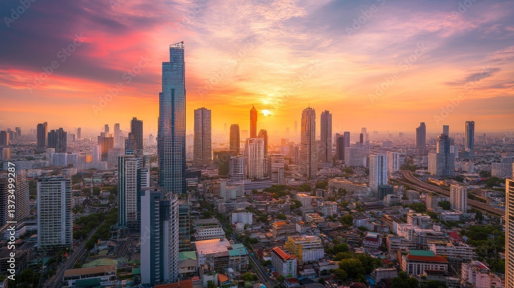 Obraz premium Sunset skyscrapers overlooking urban landscape bangkok cityscape photography evening sky aerial view urban beauty