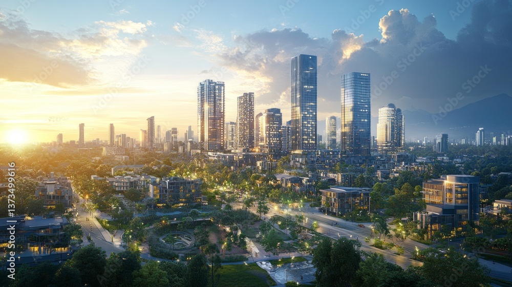 Naklejka premium Urban skyline at sunset cityscape digital art modern architecture aerial view growth and development