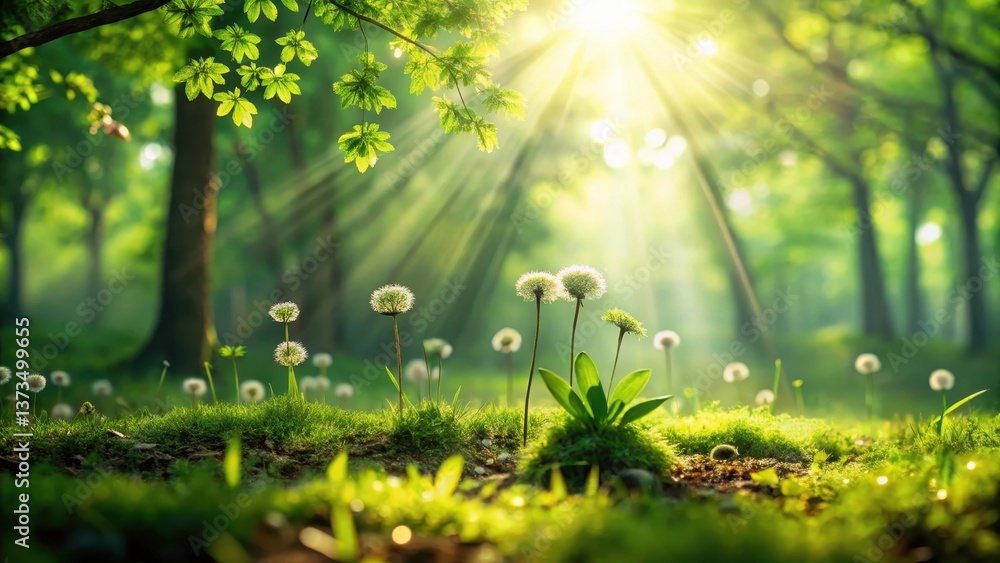 Fototapeta premium Sunlit Meadow with Delicate Dandelions and Lush Greenery in a Tranquil Forest Setting