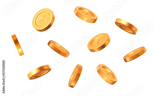 3d flying golden Tether or USDT coin with different angles. Stock vector illustration on isolated background.