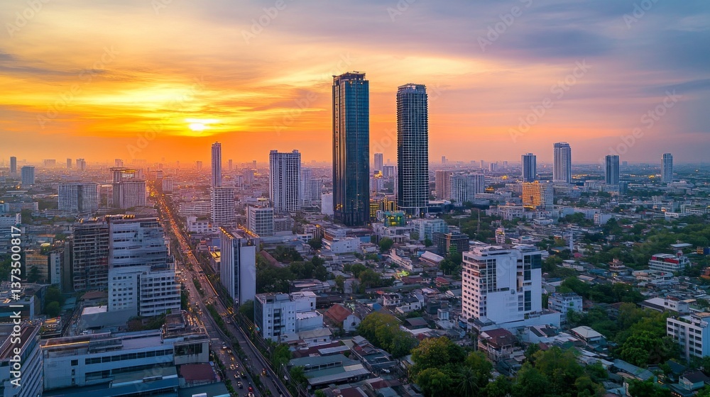 Fototapeta premium Urban skyline sunset view bangkok aerial photography cityscape vibrant colors contemporary concept