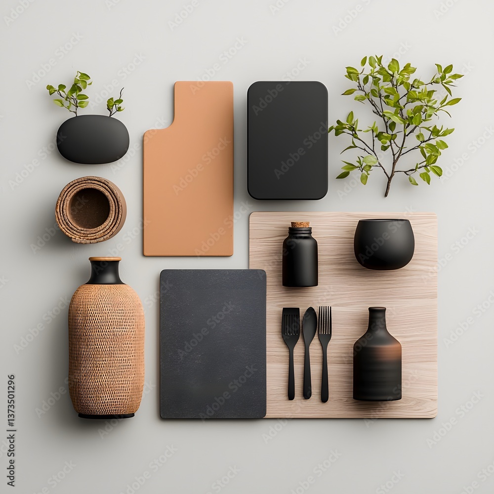 Fototapeta premium Carefully curated flat lay composition showcasing an array of storage solutions including cardboard wicker and metal containers in varied dimensions artfully arranged on a light wooden surface
