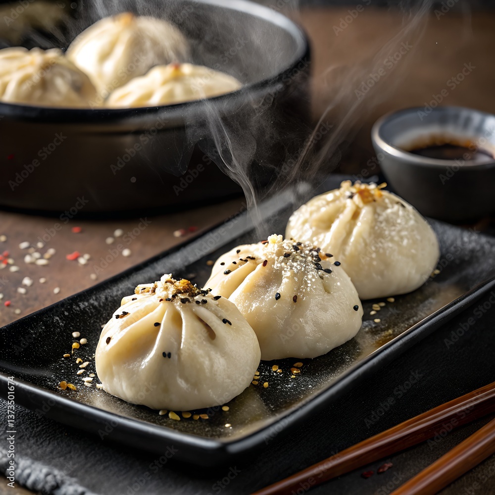 Steaming Soup Dumplings Topped with Seeds on Black Plate with Chopsticks Steaming Soup Dumplings Topped with Seeds on Black Plate with Chopsticks